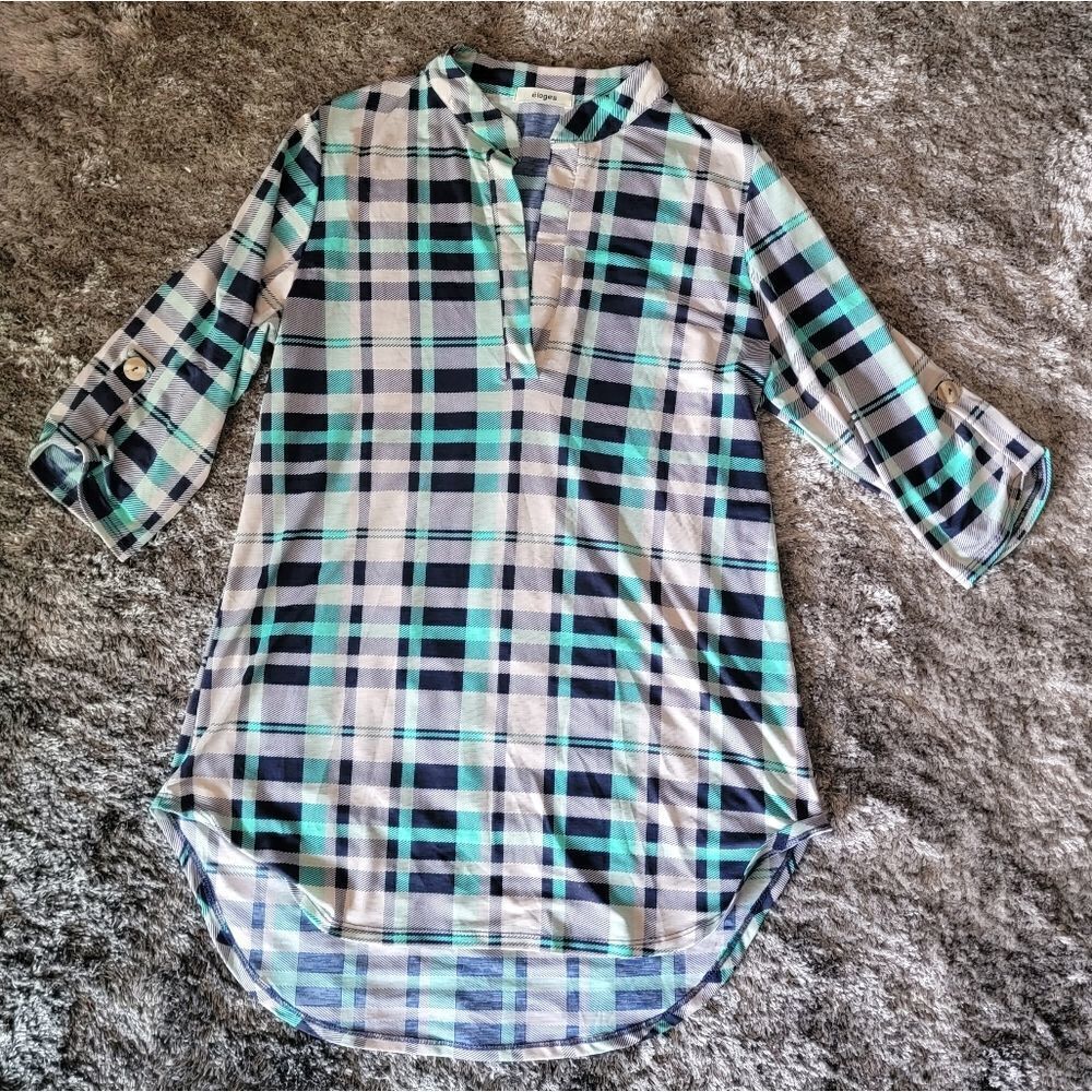 Eloges Tunic White Blue Plaid Size Small
